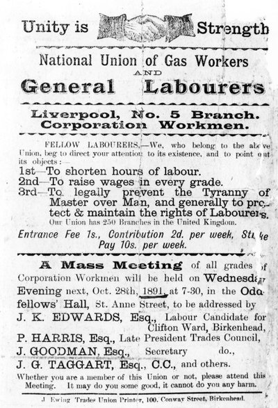 Erklärung der National Union of Gas Workers and General Workers, 1891 von English School